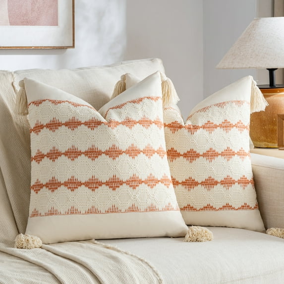 Fancy Homi Set of 2 Boho Coral Decorative Throw Pillow Cover 16x16 inch for Couch Bed Sofa, Aesthetic Organic Farmhouse Home Decor, Soft Cotton Cute Accent Macrame Woven Cushion Case with Tassels