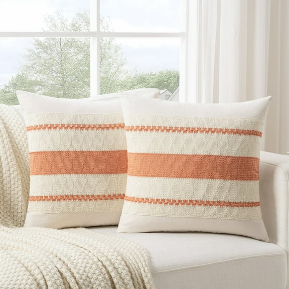 Fancy Homi Set of 2 Boho Coral Decorative Throw Pillow Cover 18x18 inch for Couch Bed Sofa, Aesthetic Modern Organic Farmhouse Home Decor, Soft Cotton Cute Accent Macrame Woven Cushion Case