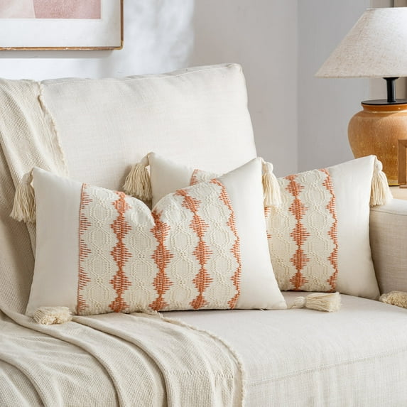 Fancy Homi Set of 2 Boho Coral Lumbar Decorative Throw Pillow Cover 12x20 inch for Couch Bed Sofa Chair, Modern Organic Farmhouse Home Decor, Cotton Cute Accent Rectangle Cushion Case with Tassels