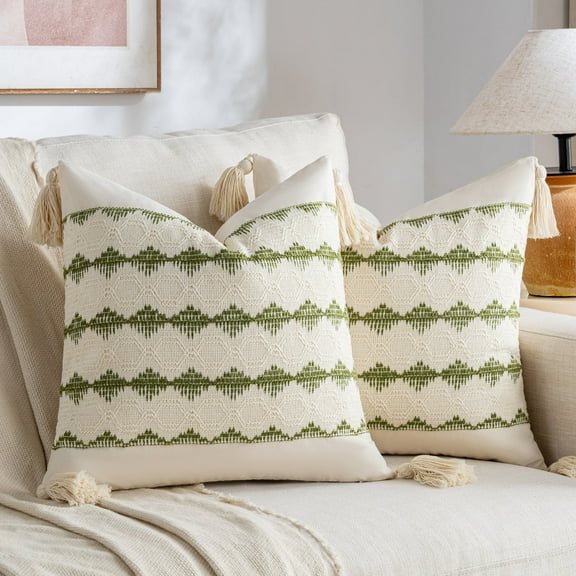 Fancy Homi Set of 2 Boho Moss Green Decorative Throw Pillow Cover 18x18 inch for Couch Bed Sofa, Aesthetic Farmhouse Home Decor, Soft Cotton Cute Accent Macrame Woven Cushion Case with Tassels