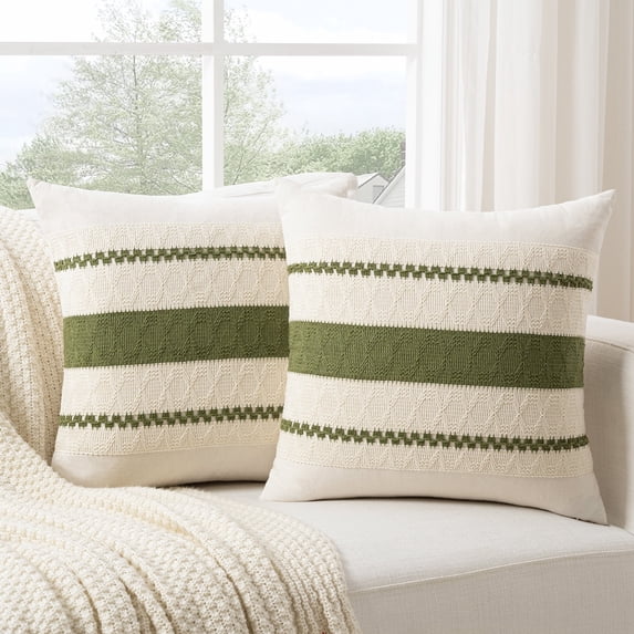 Fancy Homi Set of 2 Boho Moss Green Decorative Throw Pillow Cover 20x20 inch for Couch Bed Sofa, Aesthetic Modern Organic Farmhouse Home Decor, Soft Cotton Cute Accent Macrame Woven Cushion Case
