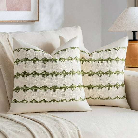 Fancy Homi Set of 2 Boho Moss Green Decorative Throw Pillow Covers 18x18 Inch for Couch Bed Sofa Indoors, Modern Farmhouse Holiday Home Decor, Soft Cotton Line Forest Green Retro Square Cushion Case