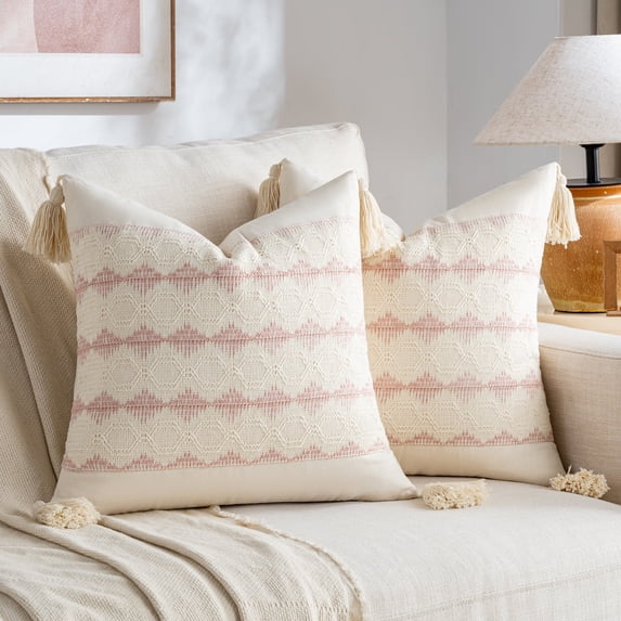 Fancy Homi Set of 2 Boho Pink Decorative Throw Pillow Cover 20x20 inch for Couch Bed Sofa, Aesthetic Modern Organic Farmhouse Home Decor, Soft Cotton Accent Macrame Woven Cushion Case with Tassels