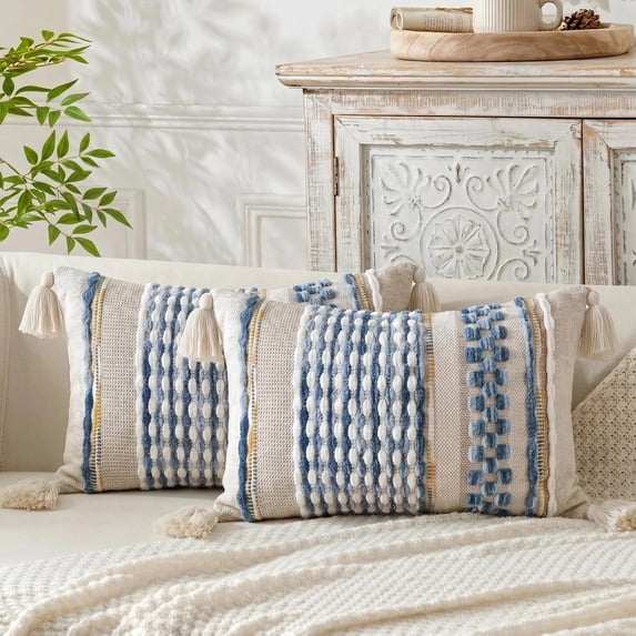 Fancy Homi Set of 2 Boho Sky Blue Striped Textured Decorative Chenille Throw Pillow Cover 12x20 inch for Couch Bed Sofa, Modern Funky Home Decor, Aesthetic with Tassels Woven Decorative Cushion Case