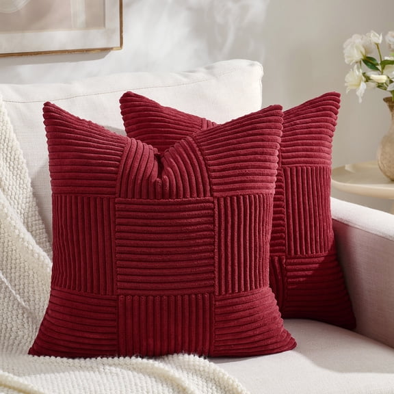 Fancy Homi Set of 2 Burgundy Boho Decorative Throw Pillow Covers 18x18 inch for Living Room Bedroom Couch Bed Sofa, Modern Farmhouse Home Decor, Soft Striped Plaid Corduroy Accent Cushion Case
