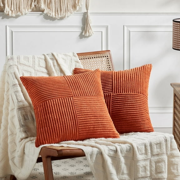 Fancy Homi Set of 2 Burnt Orange Decorative Throw Pillow Covers 18x18 Inch for Living Room Couch Bed, Boho Farmhouse Fall Home Decor, Soft Textured Corduroy Corss Patchwork Cushion Case 45x45 cm