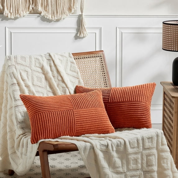 Fancy Homi Set of 2 Burnt Orange Lumbar Decorative Throw Pillow Covers 12x20 inch for Living Room Couch Bed, Boho Farmhouse Fall Home Decor, Soft Corduroy Corss Patchwork Cushion Case 30x50 cm
