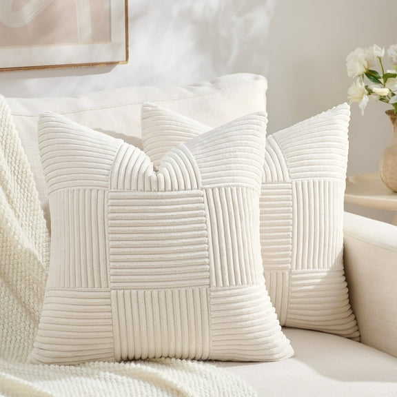 Fancy Homi Set of 2 Cream Boho Decorative Throw Pillow Covers 18x18 inch for Living Room Bedroom Couch Bed Sofa, Modern Farmhouse Home Decor, Soft Striped Patchwork Plaid Corduroy Accent Cushion Case