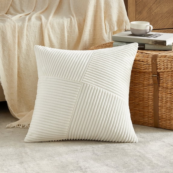 Fancy Homi Set of 2 Cream White Boho Cute Decorative Throw Pillow Covers 20x20 Inch with Diagonally Pattern for Couch Bed Sofa, Soft Corduroy Accent Modern Farmhouse Organic Home Decor 50x50 cm