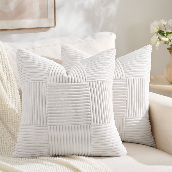 Fancy Homi Set of 2 Cream White Boho Decorative Throw Pillow Covers 18x18 inch for Living Room Bedroom Couch Bed, Modern Farmhouse Home Decor, Striped Patchwork Plaid Corduroy Accent Cushion Case