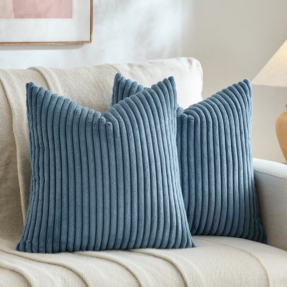 Fancy Homi Set of 2 Dusty Blue Boho Decorative Throw Pillow Covers 16x16 inch for Couch Bed Sofa, Aesthetic Modern Farmhouse Room Decor, Soft Fuzzy Fluffy Cozy Corduroy Textured Cushion Case 40x40cm