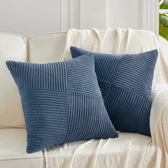 Fancy Homi Set of 2 Dusty Blue Boho Decorative Throw Pillow Covers 18x18 inch with Diagonally Pattern for Living Room Couch Bed Sofa, Soft Textured Corduroy Aesthetic Farmhouse Home Decor 45x45 cm