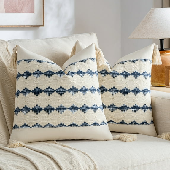 Fancy Homi Set of 2 Dusty Blue Vintage Decorative Throw Pillow Covers 20x20 inch for Couch Bed Sofa Chair Bedroom, Rustic Retro Square Cushion Case with Tassels, Farmhouse Boho Living Room Décor