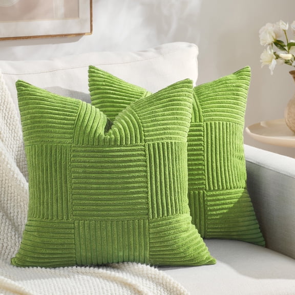 Fancy Homi Set of 2 Lime Green Boho Decorative Throw Pillow Covers 16x16 Inch for Living Room Bedroom Couch Bed Sofa, Modern Farmhouse Home Decor, Soft Striped Plaid Corduroy Accent Cushion Case