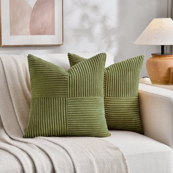 Fancy Homi Set of 2 Lime Green Decorative Throw Pillow Covers 18x18 inch with for Couch Bed Sofa Living Room, Soft Cross Patchwork Striped Corduroy Modern Square Cushion Case 45x45 cm