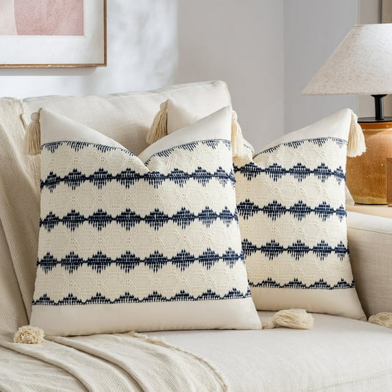 Fancy Homi Set of 2 Navy Blue Decorative Throw Pillow Covers 20x20 inch for Couch Bed Sofa Living Room Office, Aesthetic Organic Farmhouse Home Decor, Cotton Woven Textured Cushion Case with Tassels