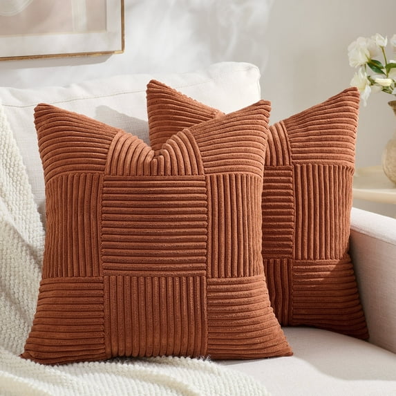 Fancy Homi Set of 2 Rust Boho Decorative Throw Pillow Covers 18x18 inch for Living Room Bedroom Couch Bed Sofa, Modern Farmhouse Home Decor, Striped Patchwork Plaid Accent Terracotta Cushion Case