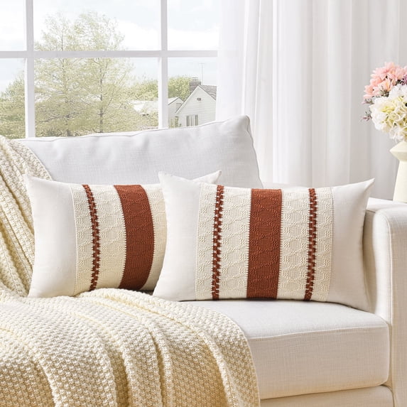 Fancy Homi Set of 2 Rust Boho Lumbar Decorative Throw Pillow Cover 12x20 inch for Couch Bed Sofa, Aesthetic Modern Organic Fall Room Decor, Soft Cotton Cute Terracotta Farmhouse Cushion Case