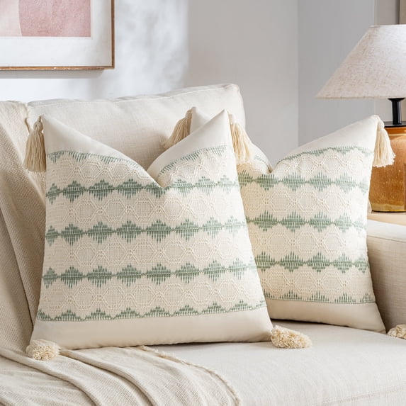 Fancy Homi Set of 2 Sage Green Boho Decorative Throw Pillow Covers 16x16 inch for Living Room Bedroom Couch Bed Indoors, Rustic Retro Cushion Case with Tassels, Accent Macrame Woven Room Home Decor