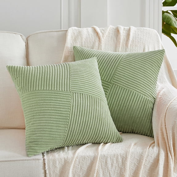 Fancy Homi Set of 2 Sage Green Boho Decorative Throw Pillow Covers 18x18 inch with Diagonally Pattern for Living Room Couch Bed Sofa, Soft Textured Corduroy Aesthetic Farmhouse Home Decor 45x45 cm