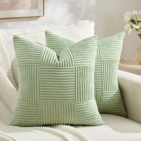 Fancy Homi Set of 2 Sage Green Boho Decorative Throw Pillow Covers 18x18 inch for Living Room Bedroom Couch Bed Sofa, Modern Farmhouse Home Decor, Soft Striped Plaid Corduroy Accent Cushion Case
