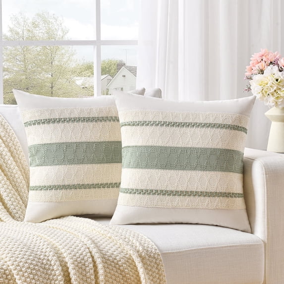 Fancy Homi Set of 2 Sage Green Decorative Throw Pillow Cover 20x20 inch for Couch Bed Sofa, Aesthetic Modern Organic Farmhouse Boho Home Decor, Soft Cotton Cute Accent Macrame Woven Cushion Case