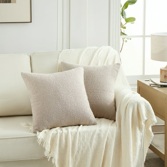 Fancy Homi Set of 2 Taupe Grey Textured Boucle Decorative Throw Pillow Covers 18x18 Inch for Couch Bed Sofa Bedroom, Aesthetic Modern Boho Home Decor, Soft Square Accent Pillow Case 45x45 cm