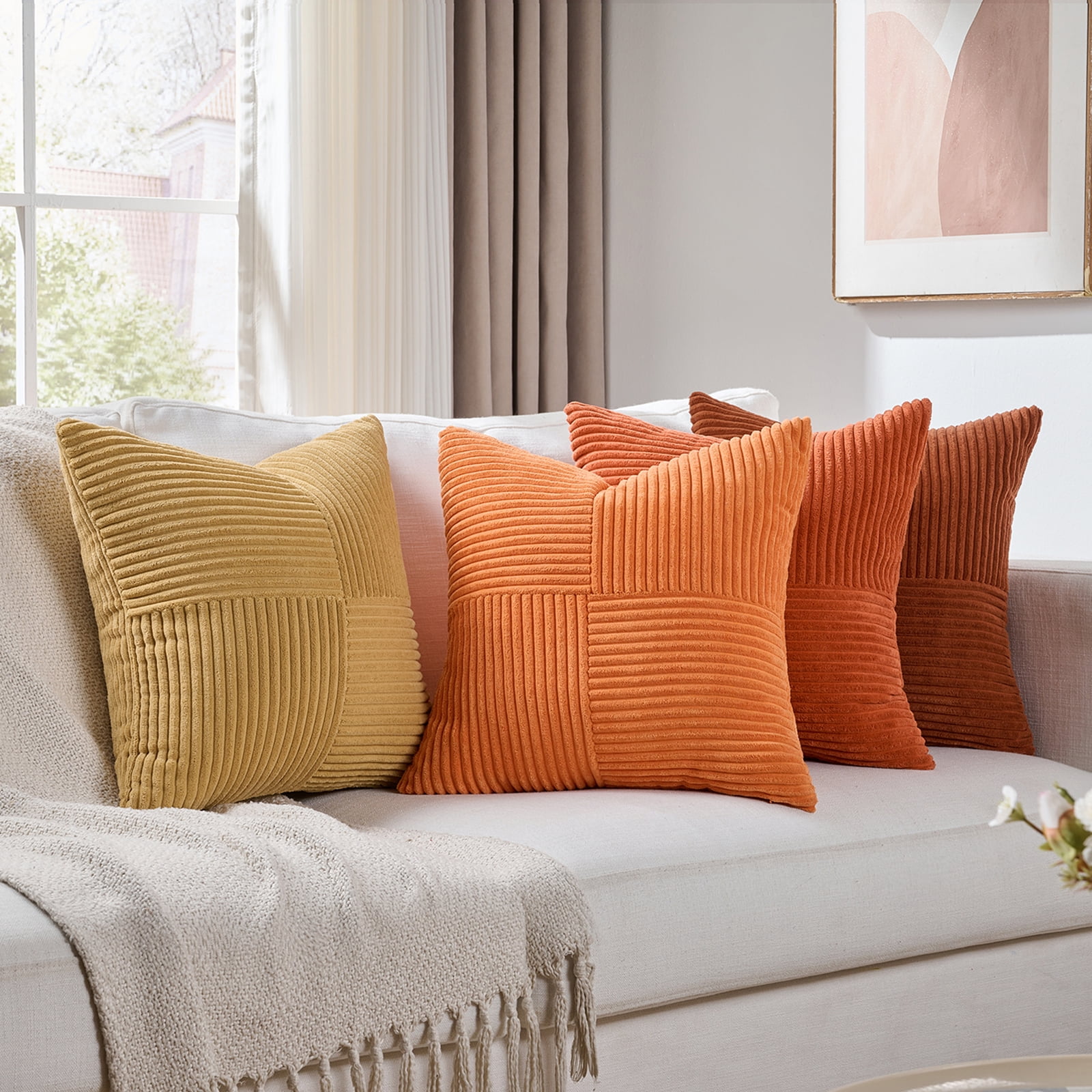 Fancy Homi Set of 4 Boho Fall Decorative Throw Pillow Covers 16x16 inch for Couch Bed Sofa Bedroom, Modern Farmhouse Home Decor, Soft Cross Striped Corduroy Patchwork Colorful Cushion Case 40x40cm