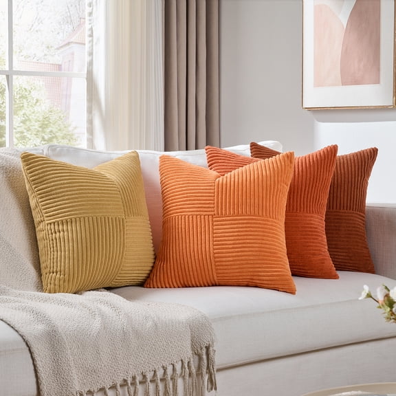 Fancy Homi Set of 4 Boho Fall Decorative Throw Pillow Covers 18x18 inch for Couch Bed Sofa Bedroom, Modern Farmhouse Home Decor, Soft Cross Striped Corduroy Patchwork Colorful Cushion Case 45x45cm
