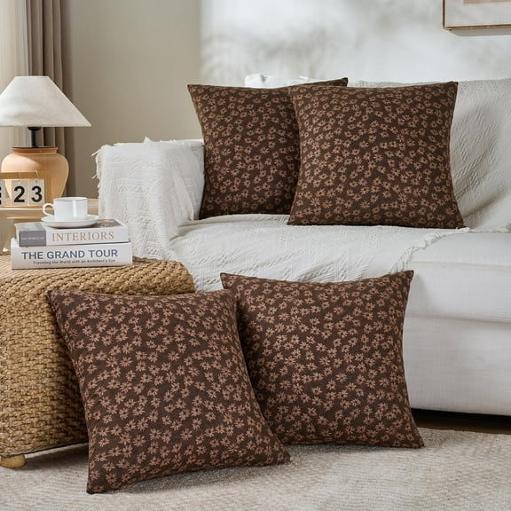 Fancy Homi Set of 4 Brown Floral Vintage Square Decorative Throw Pillow Covers 16x16 inch for Couch Sofa Bed Living Room, Modern Farmhouse Bobo Cottagecore Home Decor,Soft Cotton Linen Cushion Covers
