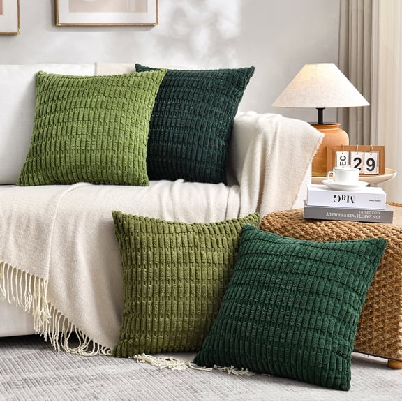 Fancy Homi Set of 4 Green Boho Spring Decorative Throw Pillow Covers 20x20 inch for Couch Bed Sofa, Aesthetic Modern Bohemian Room Decor, Soft Fuzzy Fluffy Corduroy Textured Cushion Case 50x50cm