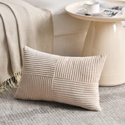 Fancy Homi Tan Lumbar Decorative Throw Pillow Covers 12x20 inch for Living Room Couch Bed Sofa, Boho Home Decor, Soft Striped Corduroy Rectangle Accent Beige Cu