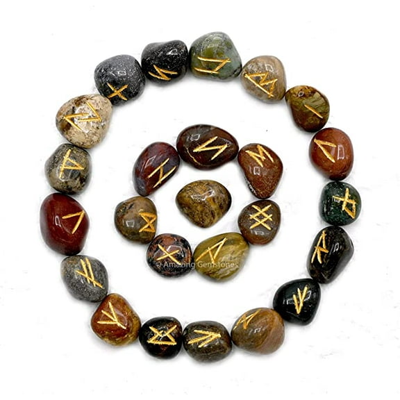 Fancy Jasper Crystal Runes Stone Set Elder Futhark