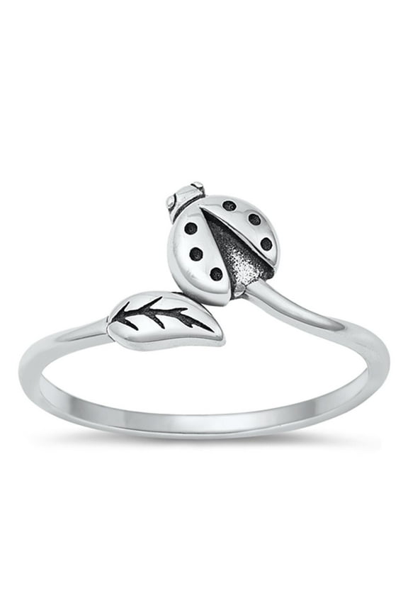 Fancy Ladybug Leaf Ring .925 Oxidized Sterling Silver Band Jewelry Female Male Unisex Size 6