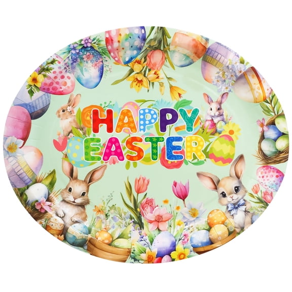Fancy Land Easter Oval Paper Plates AFN1Easter Eggs Bunny Spring Party Plate Disposable Tableware Serving Supplies for Holiday Dinner Dessert Decoration Favors 24Pcs
