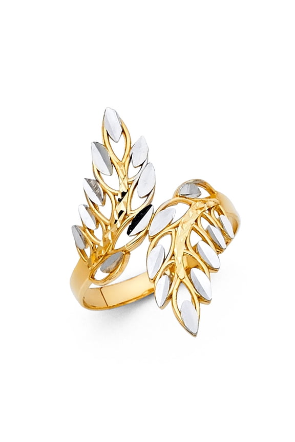 Fancy Leaf Ring Solid 14k Yellow & White Gold Filigree Band Diamond Cut Polished Two Tone 27MM Size 7