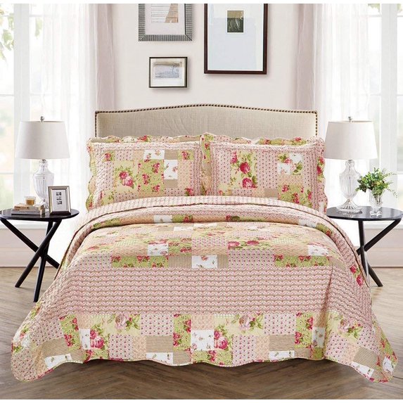 Fancy Linen 2pc Twin/Twin Extra Long Over Size Bedspread Floral Pink Beige Green White New # Catchf