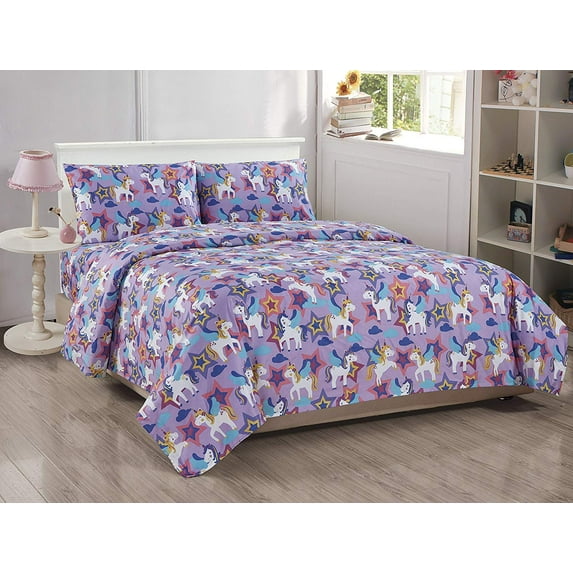 Fancy Linen 3pc Twin Sheet Set Castle Unicorn Purple Pink White Yellow New