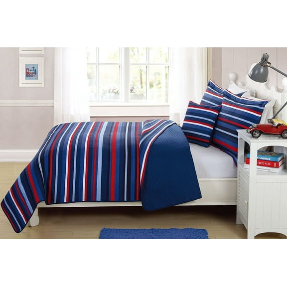 Fancy Linen 3pc Twin Size Bedspread Striped Navy Blue Red White Reversible New