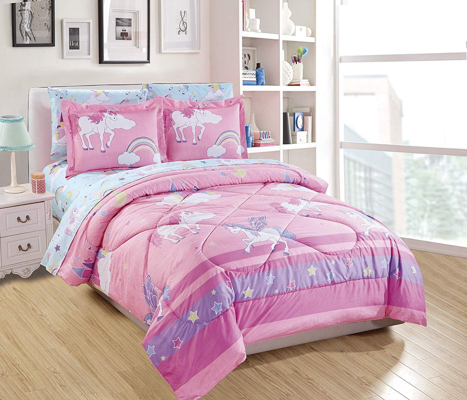 Fancy Linen 5pc Twin Comforter Set Castle Unicorn Blue Pink Purple White Yellow