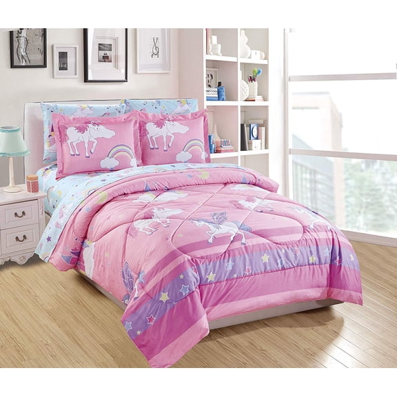 Fancy Linen 5pc Twin Comforter Set Castle Unicorn Blue Pink Purple White Yellow