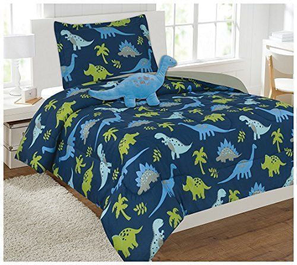 Fancy Linen 6pc Dinosaur Blue Grey Twin Comforter set With Fluffy Buddy New