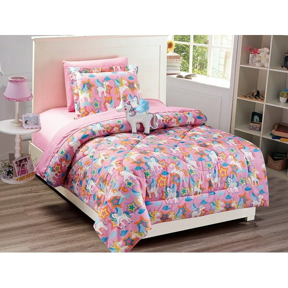 Fancy Linen 6pc Unicorn Twin Comforter Pink Purple With Furry Buddy New