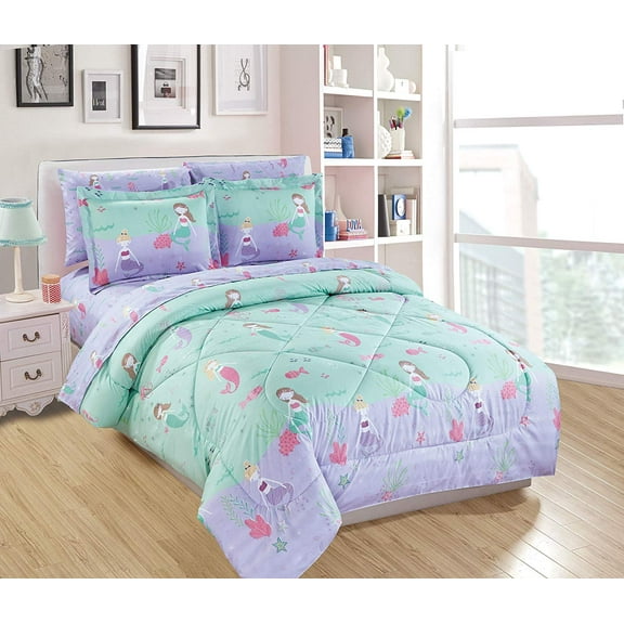 Fancy Linen 7-Pieces Lavender Aqua Pink Mermaid Under The Sea Comforter Bedding Sets, Full