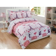 Fancy Linen 7pc Queen Size Comforter Set Girls Eiffel Tower Paris Hearts Pink Grey New