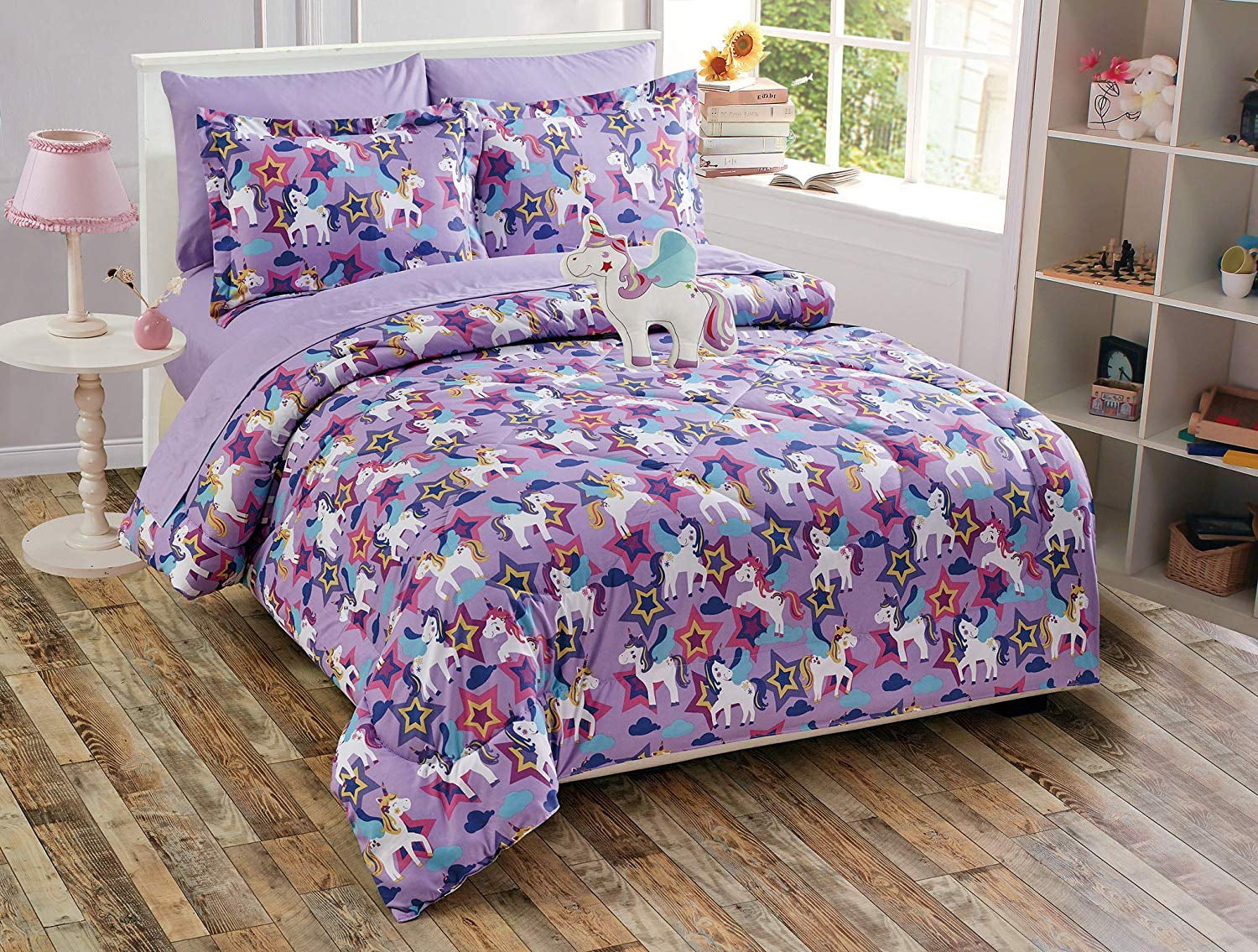 Fancy Linen 8pc Full Size Girls Comforter Set Castle Unicorn Purple Blue White Yellow New