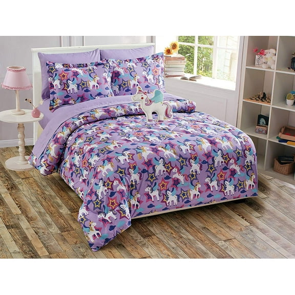 Fancy Linen Microfiber Purple Blue White Yellow Unicorn Castle Comforter Set, 6 Piece, Twin