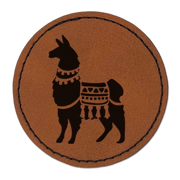 Fancy Llama with Geometric Blanket and Tassels 2.5" Faux Leather Round Engraved Iron-On Patch - Brown