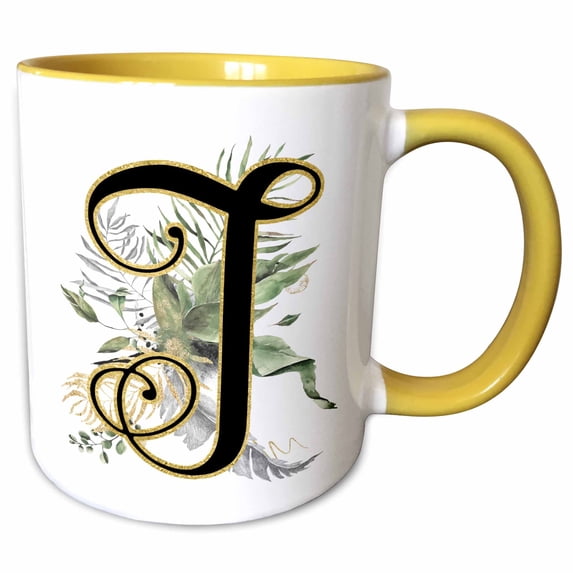 3drose, Fancy Monogram Initial J on Green Tropical Leaves, 11oz Two-tone Yellow Mug