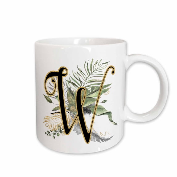 3drose, Fancy Monogram Initial W on Green Tropical Leaves, 11oz Mug